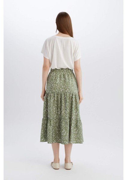 Beli Lastikli Çiçek Desenli Midi Etek