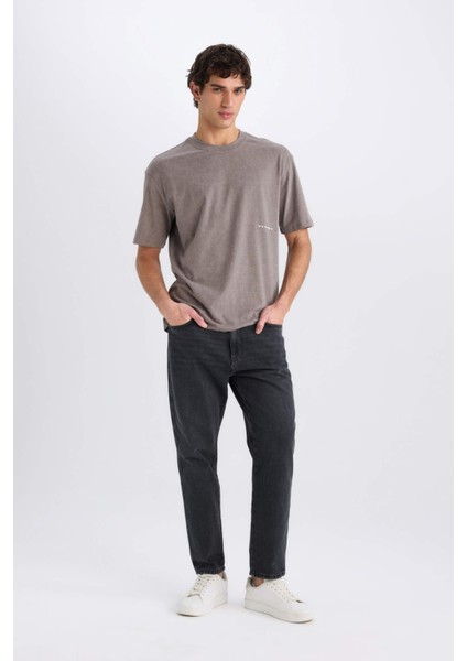 %100 Pamuk Boxy Fit Bisiklet Yaka Baskılı Kısa Kollu Tişört C2138AX25SP