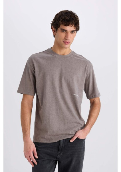 %100 Pamuk Boxy Fit Bisiklet Yaka Baskılı Kısa Kollu Tişört C2138AX25SP