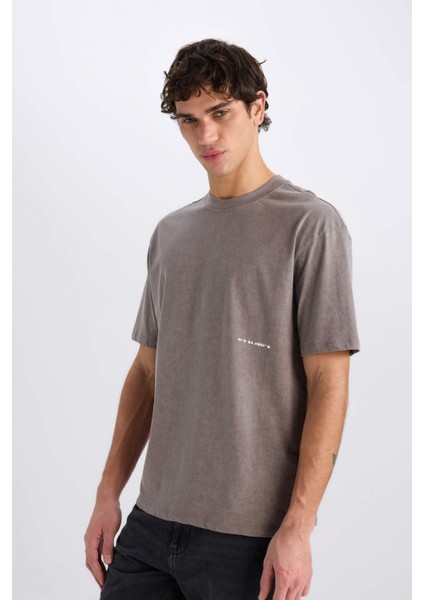 %100 Pamuk Boxy Fit Bisiklet Yaka Baskılı Kısa Kollu Tişört C2138AX25SP