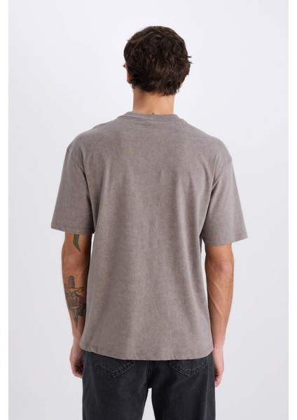 %100 Pamuk Boxy Fit Bisiklet Yaka Baskılı Kısa Kollu Tişört C2138AX25SP