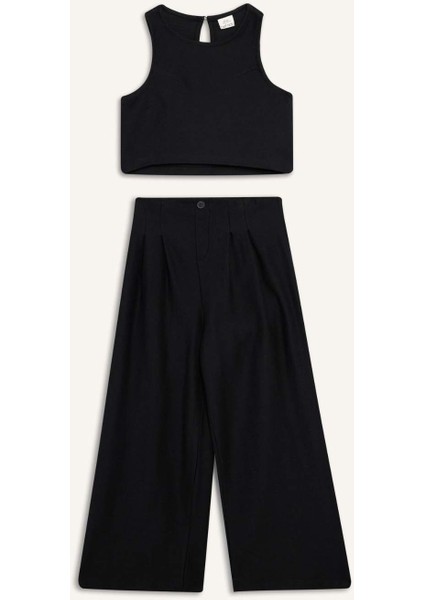 Kız Çocuk 2'li Takım Basic Düz Kolsuz Tişört Pantolon