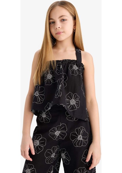 Kız Çocuk Çiçekli Askılı Keten Bluz E0745A825SM