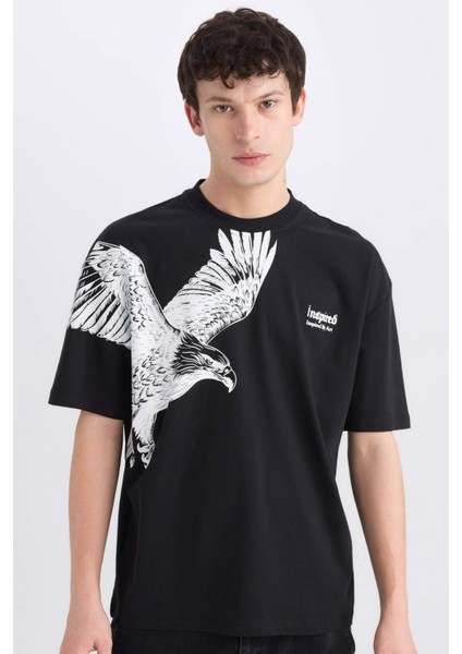 %100 Pamuk Oversize Geniş Kalıp Bisiklet Yaka Baskılı Kısa Kollu Tişört D9506AX25SP