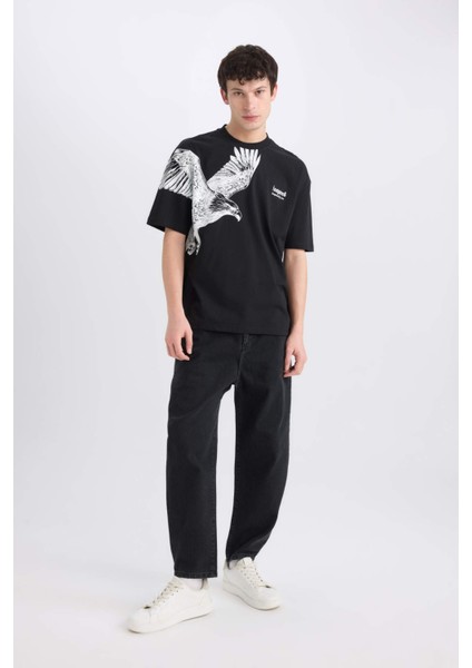 %100 Pamuk Oversize Geniş Kalıp Bisiklet Yaka Baskılı Kısa Kollu Tişört D9506AX25SP