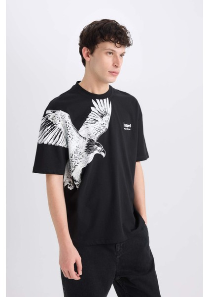 %100 Pamuk Oversize Geniş Kalıp Bisiklet Yaka Baskılı Kısa Kollu Tişört D9506AX25SP