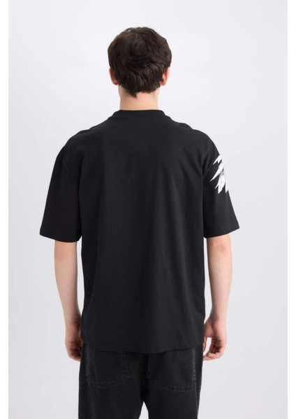 %100 Pamuk Oversize Geniş Kalıp Bisiklet Yaka Baskılı Kısa Kollu Tişört D9506AX25SP