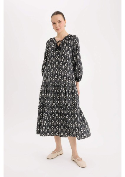 A Kesim V Yaka Desenli Uzun Kollu Midi Elbise D8912AX25SP