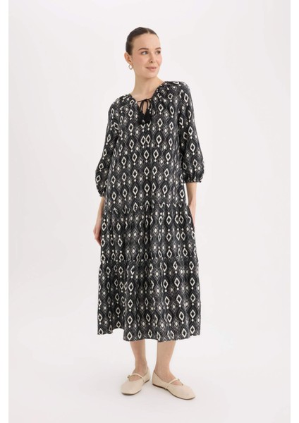 A Kesim V Yaka Desenli Uzun Kollu Midi Elbise D8912AX25SP