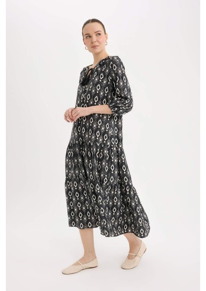 A Kesim V Yaka Desenli Uzun Kollu Midi Elbise D8912AX25SP