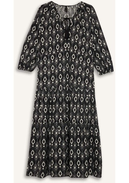 A Kesim V Yaka Desenli Uzun Kollu Midi Elbise D8912AX25SP