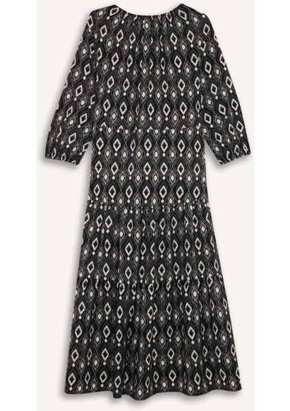 A Kesim V Yaka Desenli Uzun Kollu Midi Elbise D8912AX25SP