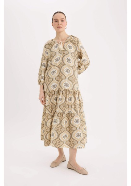 A Kesim V Yaka Yarım Kol Desenli Elbise D8912AX25SP