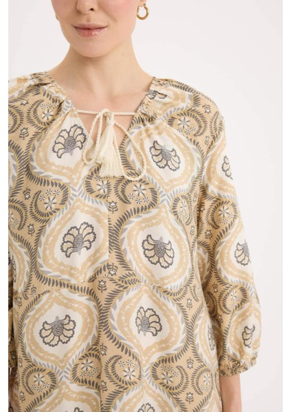 A Kesim V Yaka Yarım Kol Desenli Elbise D8912AX25SP