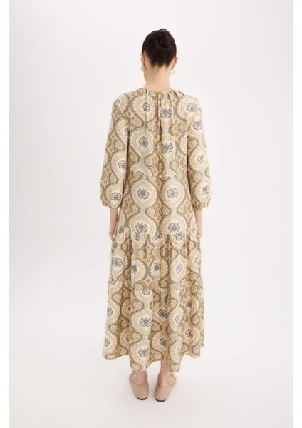 A Kesim V Yaka Yarım Kol Desenli Elbise D8912AX25SP