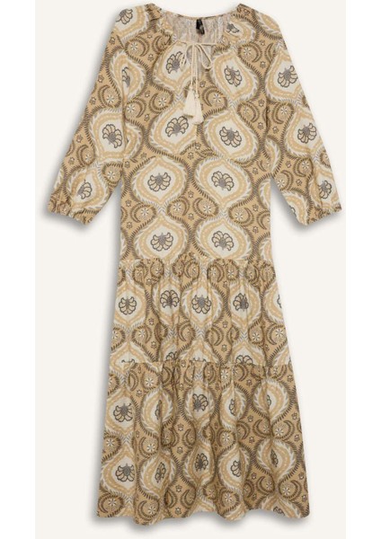 A Kesim V Yaka Yarım Kol Desenli Elbise D8912AX25SP