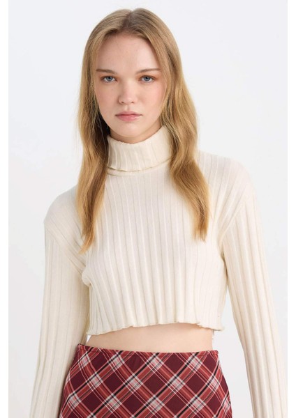 Balıkçı Yaka Crop Top Basic Düz Fitilli Kaşkorse Uzun Kollu Tişört E1673AX24WN