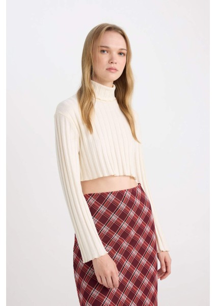 Balıkçı Yaka Crop Top Basic Düz Fitilli Kaşkorse Uzun Kollu Tişört E1673AX24WN