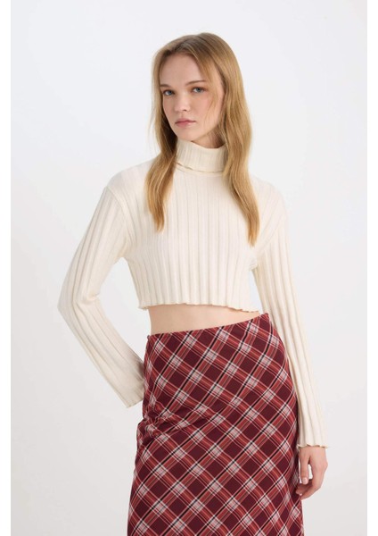 Balıkçı Yaka Crop Top Basic Düz Fitilli Kaşkorse Uzun Kollu Tişört E1673AX24WN