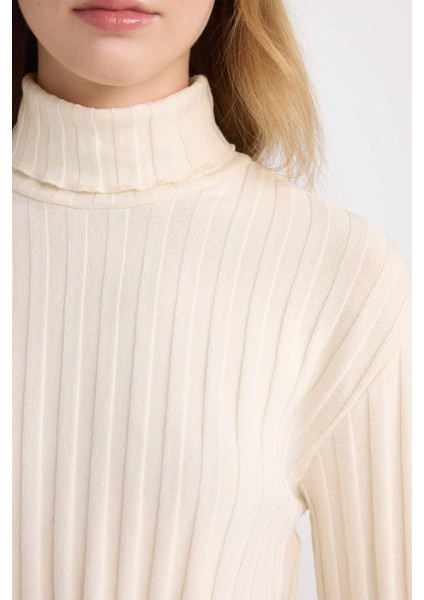 Balıkçı Yaka Crop Top Basic Düz Fitilli Kaşkorse Uzun Kollu Tişört E1673AX24WN