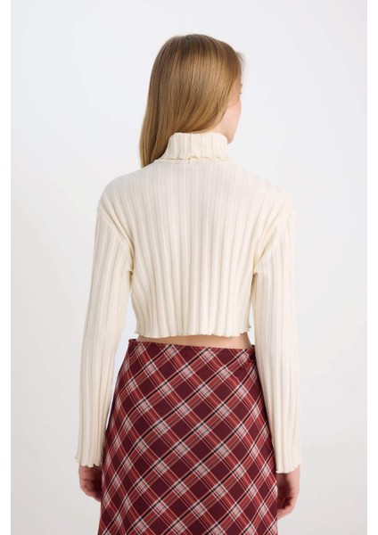 Balıkçı Yaka Crop Top Basic Düz Fitilli Kaşkorse Uzun Kollu Tişört E1673AX24WN