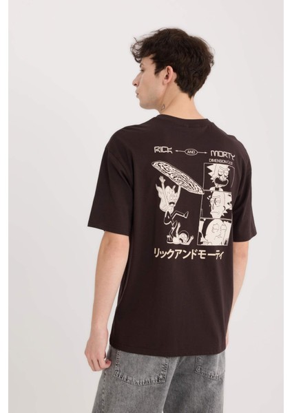 %100 Pamuk Rick and Morty Boxy Fit Bisiklet Yaka Sırt Baskılı Kısa Kollu Tişört D9843AX25SP