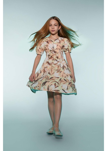 Kız Çocuk Pamuklu Desenli Kısa Kollu Yazlık Elbise D9307A825SM