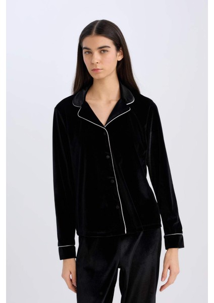 Kadife Pijama Takımı Uzun Kollu Üst Beli Lastikli Uzun Alt-Fall in Love D8676AX24WN