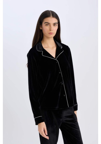 Kadife Pijama Takımı Uzun Kollu Üst Beli Lastikli Uzun Alt-Fall in Love D8676AX24WN