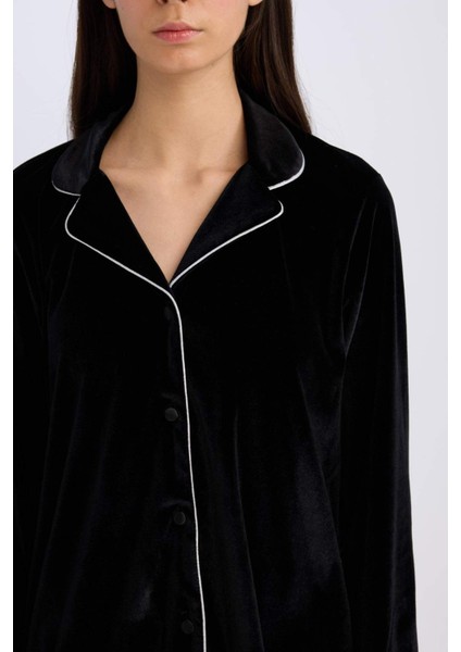 Kadife Pijama Takımı Uzun Kollu Üst Beli Lastikli Uzun Alt-Fall in Love D8676AX24WN