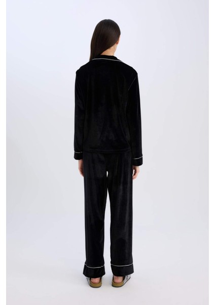 Kadife Pijama Takımı Uzun Kollu Üst Beli Lastikli Uzun Alt-Fall in Love D8676AX24WN