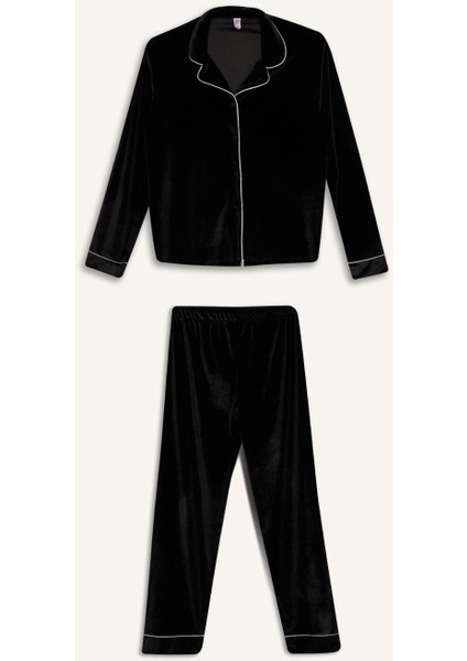 Kadife Pijama Takımı Uzun Kollu Üst Beli Lastikli Uzun Alt-Fall in Love D8676AX24WN