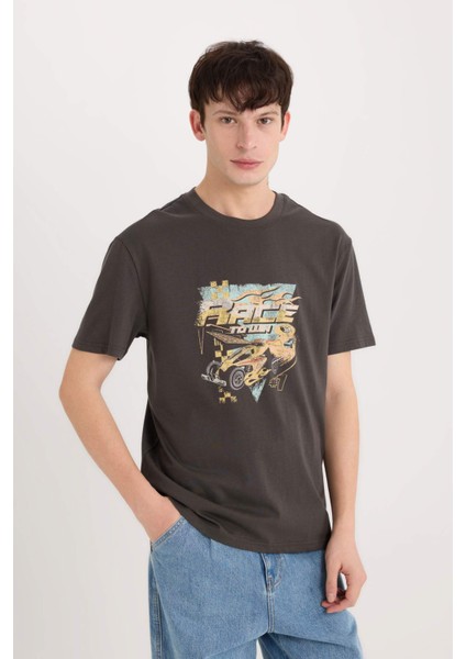 %100 Pamuk Hot Wheels Bisiklet Yaka Baskılı Kısa Kollu Tişört D6816AX25SP