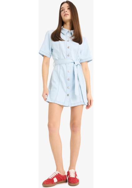 Polo Yaka Düğmeli Kuşaklı Kısa Kollu Mini Jean Elbise E1287AX25SM