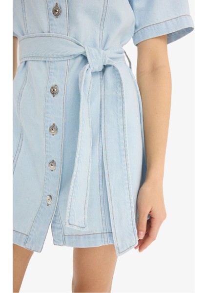 Polo Yaka Düğmeli Kuşaklı Kısa Kollu Mini Jean Elbise E1287AX25SM