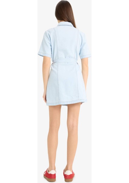 Polo Yaka Düğmeli Kuşaklı Kısa Kollu Mini Jean Elbise E1287AX25SM