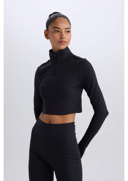 Fit Slim Fit Dar Kesim Fermuarlı Dik Yaka Sporcu Uzun Kollu Tişört