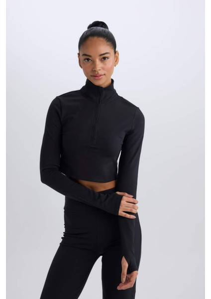 Fit Slim Fit Dar Kesim Fermuarlı Dik Yaka Sporcu Uzun Kollu Tişört