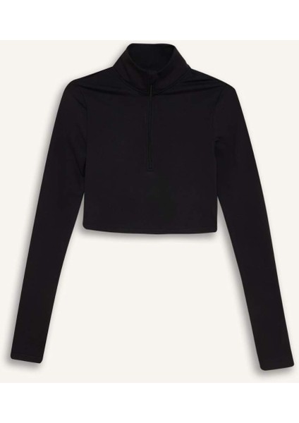 Fit Slim Fit Dar Kesim Fermuarlı Dik Yaka Sporcu Uzun Kollu Tişört