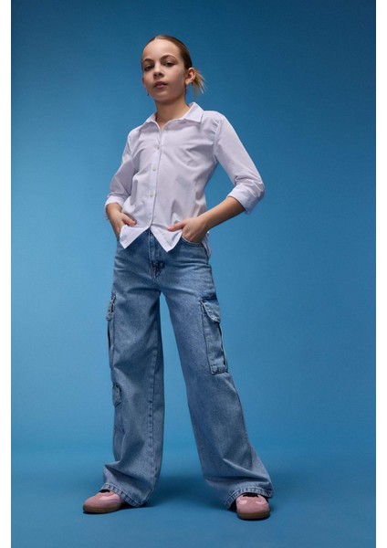 Kız Çocuk Wide Leg Kargo Geniş Paça Pamuklu Jean Pantolon D9694a825sp
