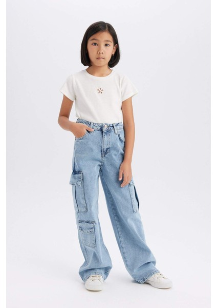 Kız Çocuk Wide Leg Kargo Geniş Paça Pamuklu Jean Pantolon D9694a825sp