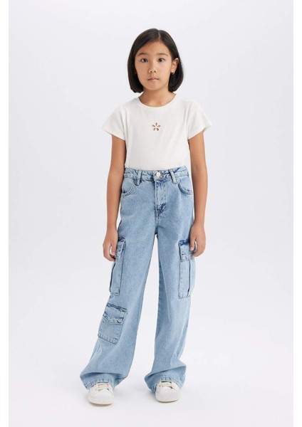 Kız Çocuk Wide Leg Kargo Geniş Paça Pamuklu Jean Pantolon D9694a825sp