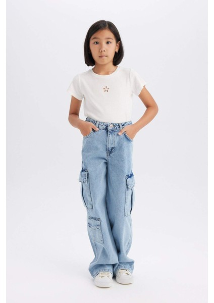 Kız Çocuk Wide Leg Kargo Geniş Paça Pamuklu Jean Pantolon D9694a825sp