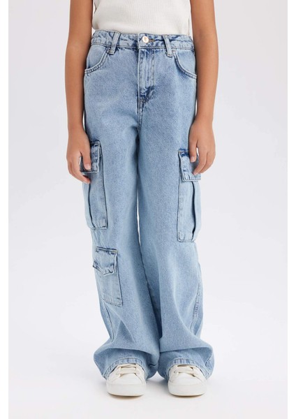 Kız Çocuk Wide Leg Kargo Geniş Paça Pamuklu Jean Pantolon D9694a825sp