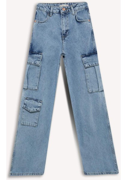 Kız Çocuk Wide Leg Kargo Geniş Paça Pamuklu Jean Pantolon D9694a825sp