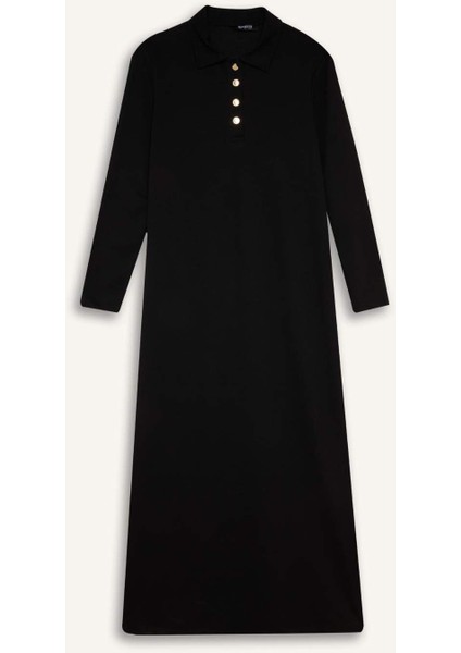 Regular Fit Gömlek Yaka Basic Düz Uzun Kollu Pike Maxi Elbise E1417AX24WN