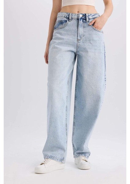 Baggy Fit Yüksek Bel Uzun Jean Yıkamalı Pantolon D9406AX25SM