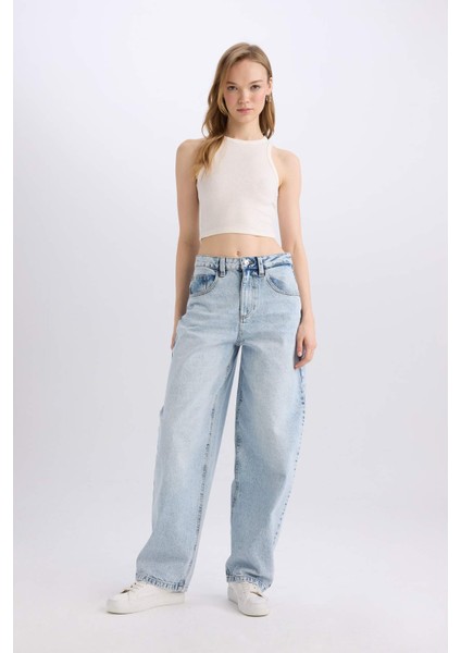 Baggy Fit Yüksek Bel Uzun Jean Yıkamalı Pantolon D9406AX25SM