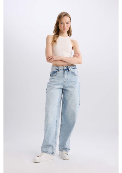 Baggy Fit Yüksek Bel Uzun Jean Yıkamalı Pantolon D9406AX25SM