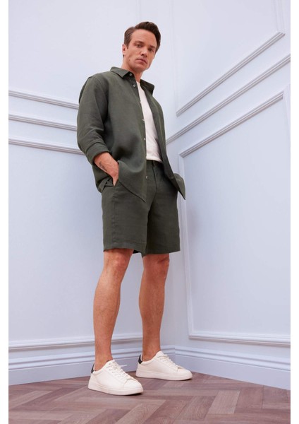 %100 Keten Regular Fit Yazlık Bermuda Şort